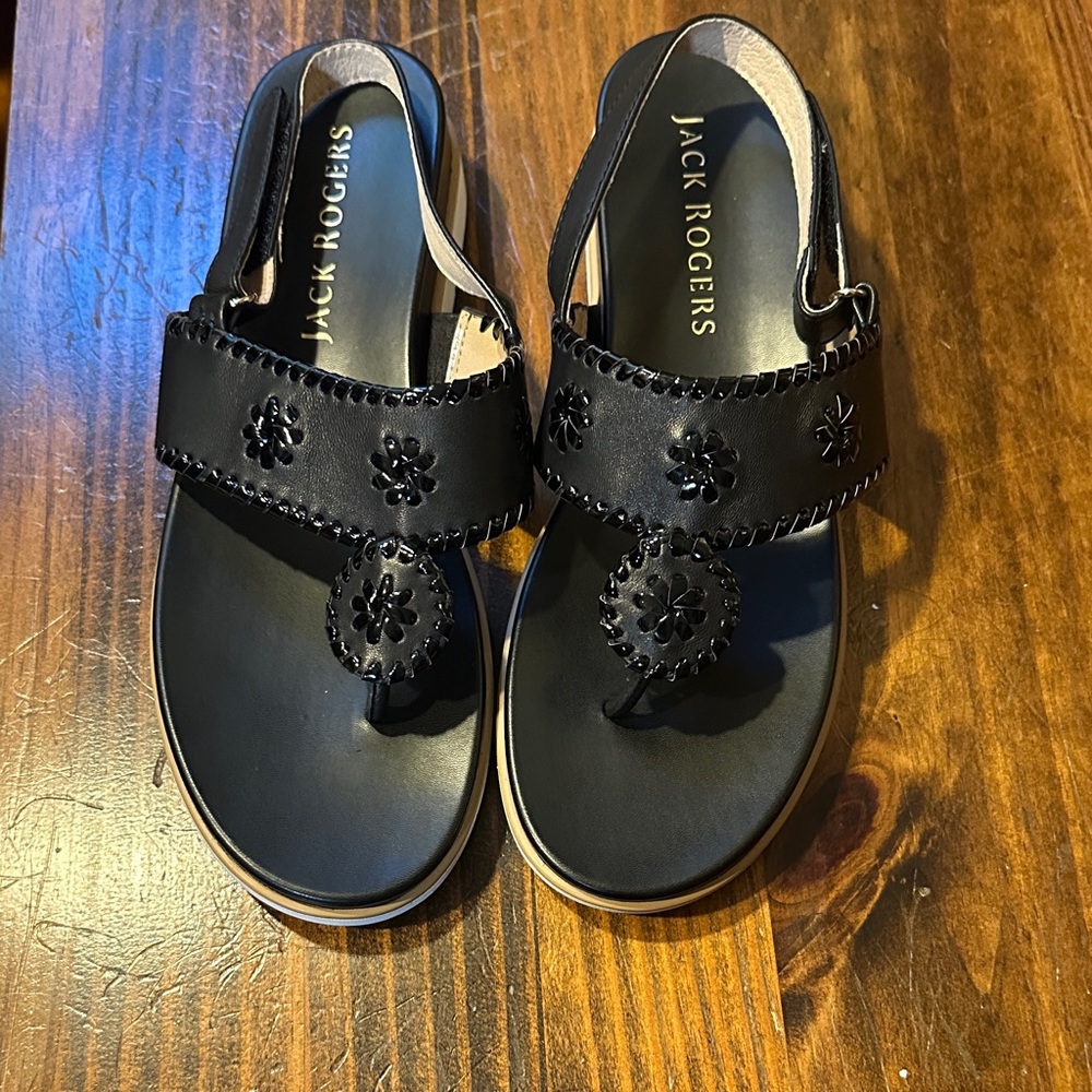 Jack Rogers Black Leather Thong Sandals with Floral Medallions